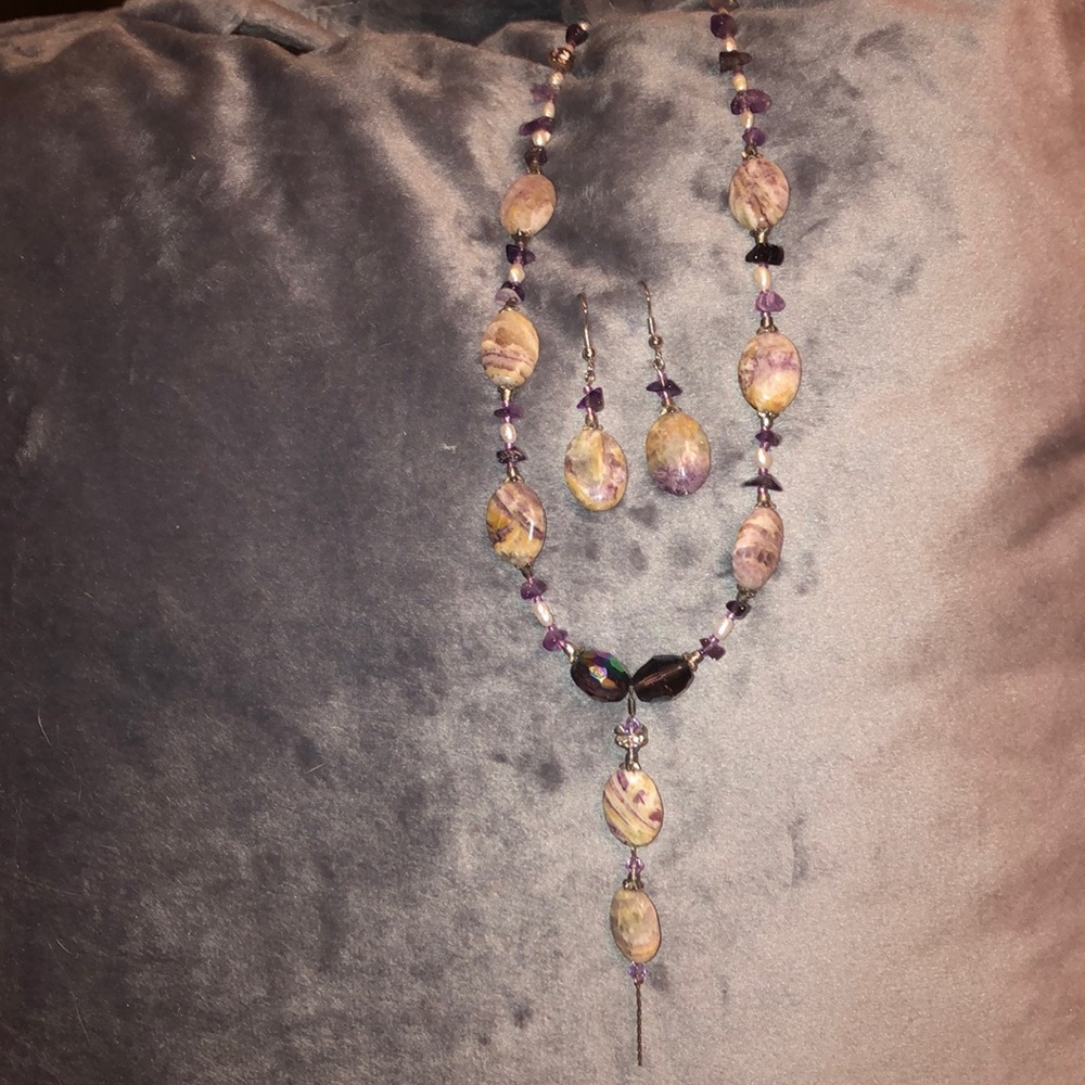 Purple Stone & Freshwater Pearl Necklace  Earrings